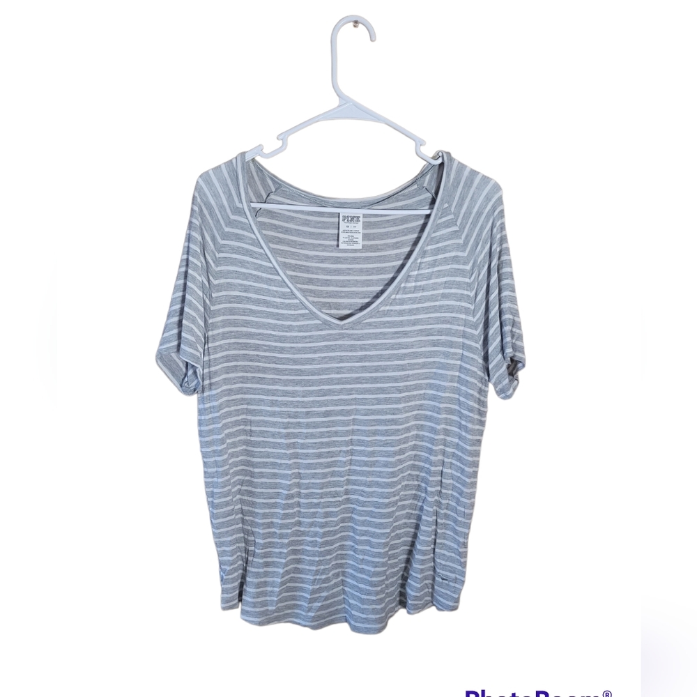 PINK XS oversized loose foot super soft thin grey shirt lounge stripe